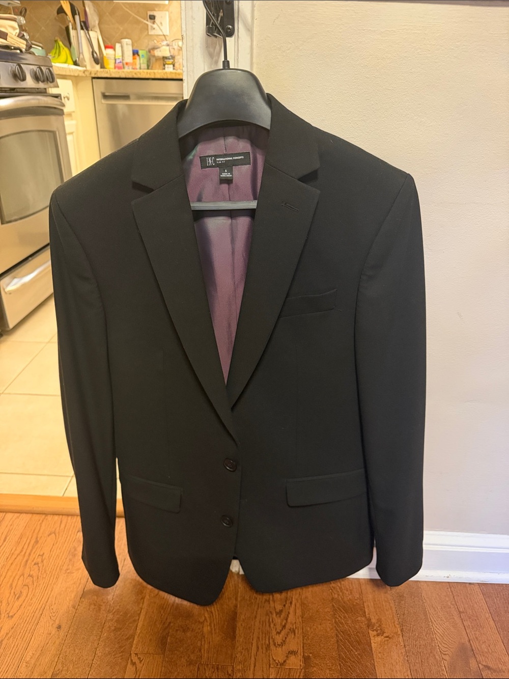 INC International Concepts Black Mens Two-Button Blazer with Purple Lining